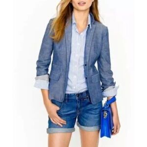 J Crew Blazer Womens 10 Blue Schoolboy Chambray Jacket 100% Cotton Button Career
